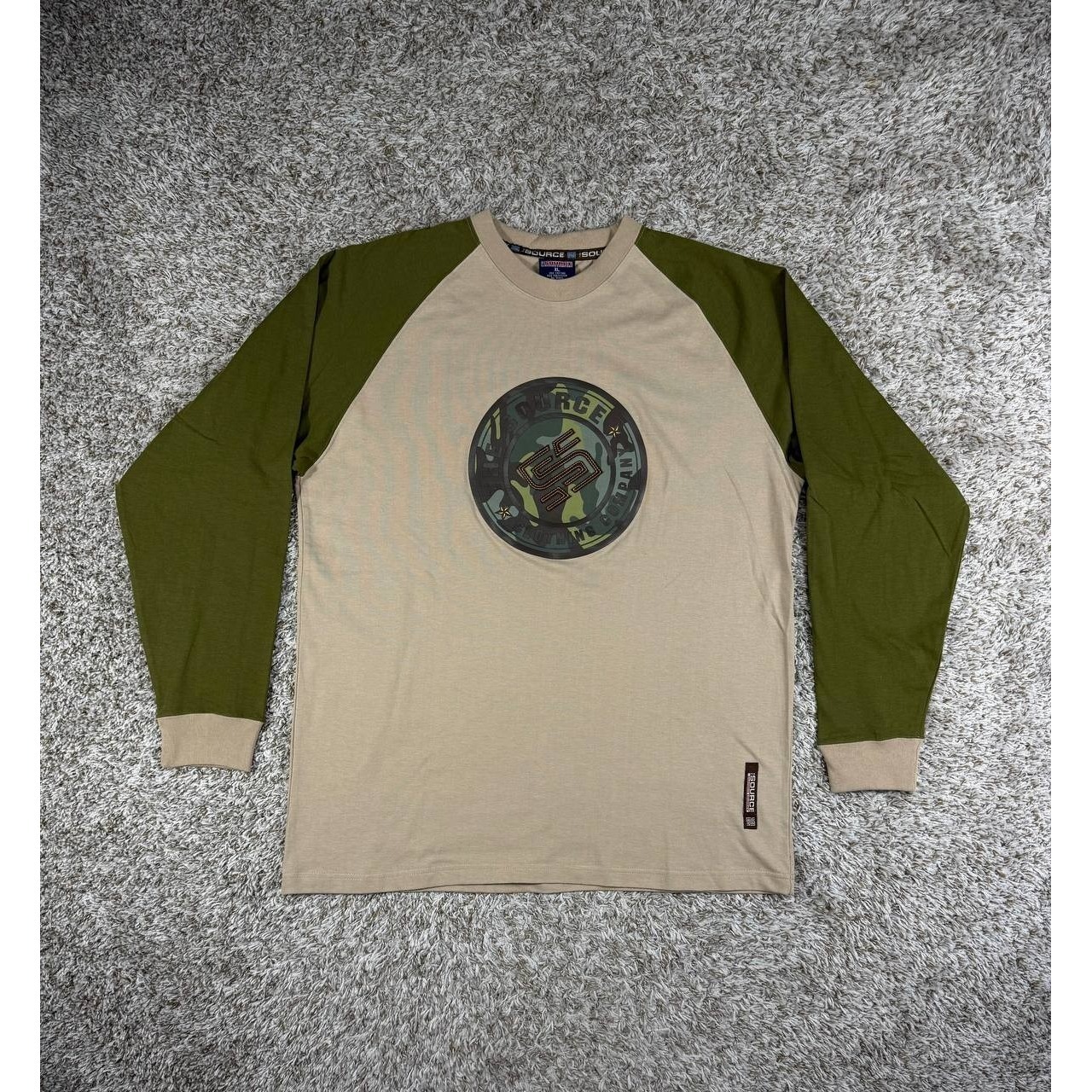 The Source Y2k Camo Logo Raglan Shirt Xl Khaki Olive 00s Streetwear Skate
